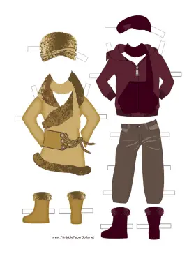 Paper Doll Winter Outfits in Red and Tan paper doll