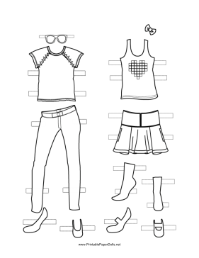 Paper Doll Outfits with Bow to Color paper doll