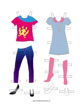 Girl Paper Doll Outfits with Jeans and Dress paper doll