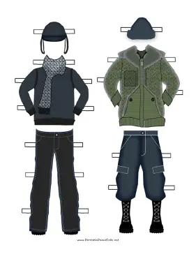 Paper Doll Winter Outfits in Green and Black paper doll